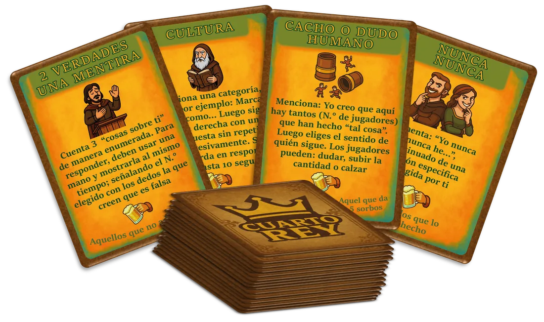 Cartas de dinámicas del juego Cuarto Rey: 2 verdades 1 mentira, cultura, cacho o dudo y nunca nunca