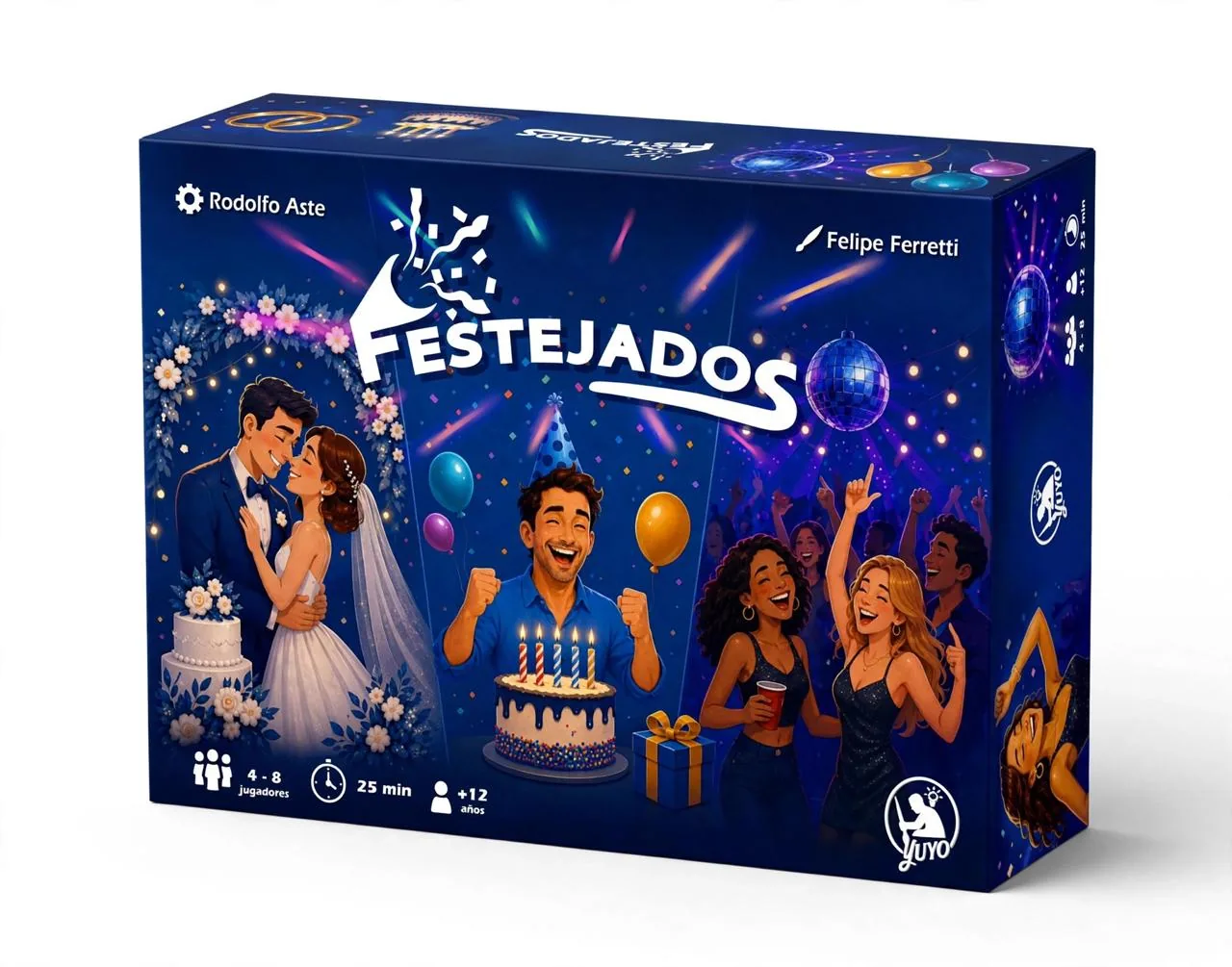Caja del juego de cartas Festejados, de Yuyo