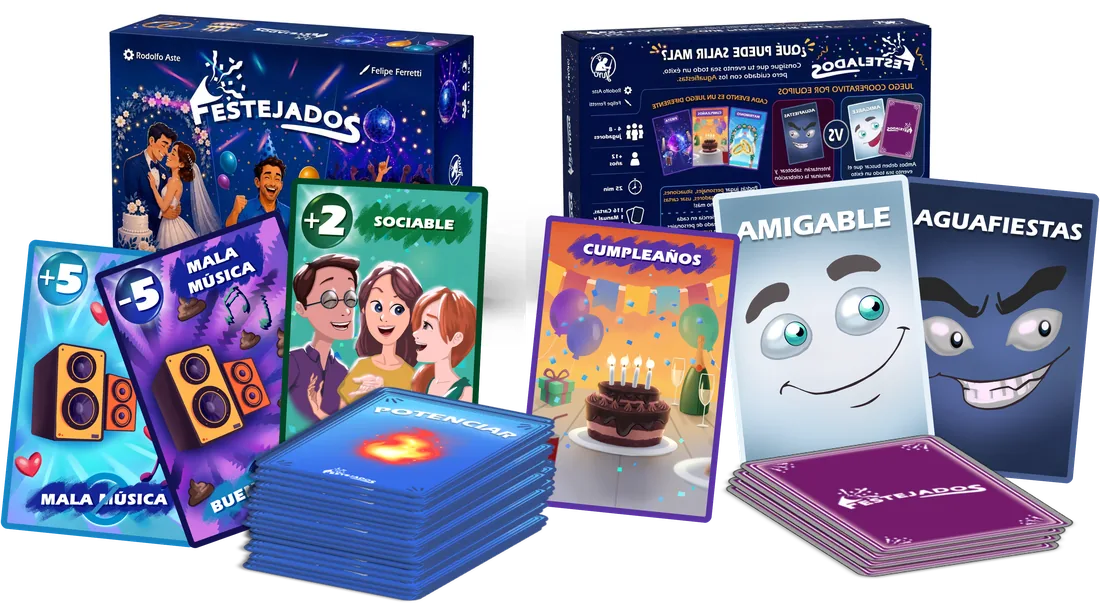 Cartas del juego Festejados, mostrando personajes Amigable y Aguafiestas