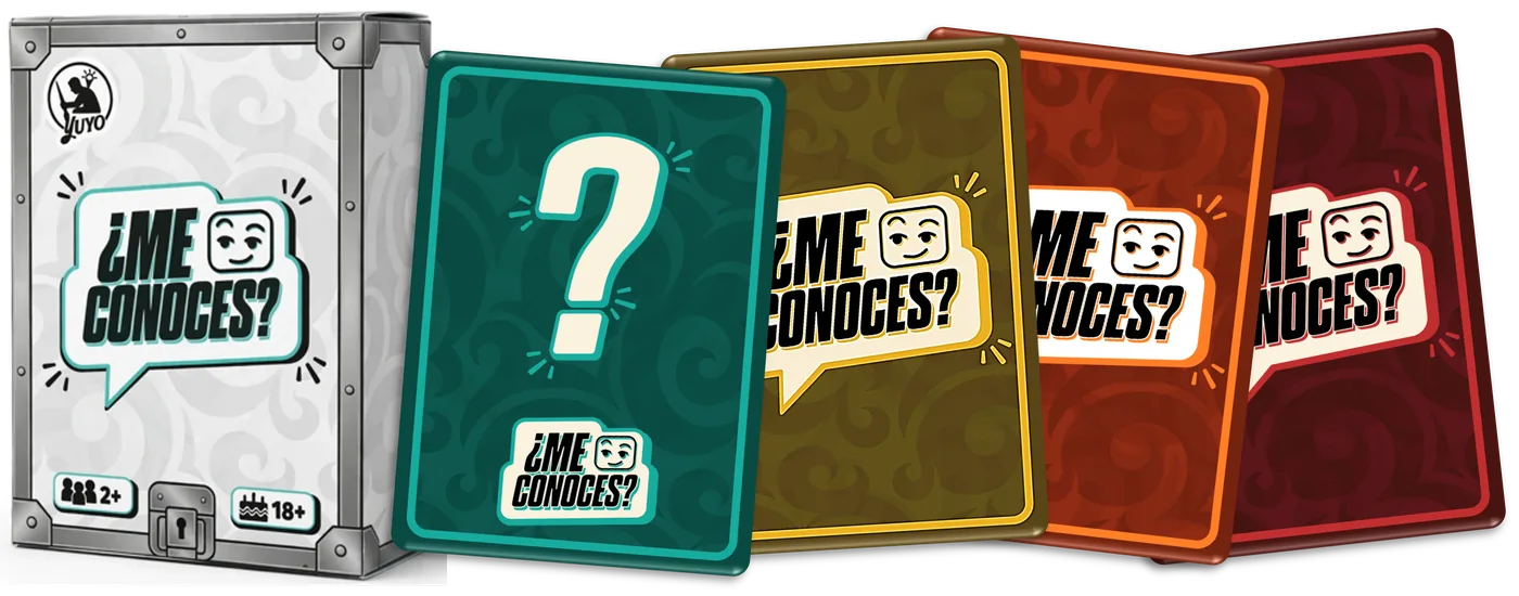 Caja y mazos de cartas del juego ¿Me Conoces?, de Yuyo